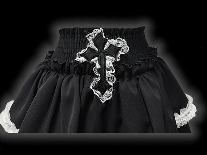 Y2K Black Cross Applique Lace Accents Punk Tiered Mini Skirt