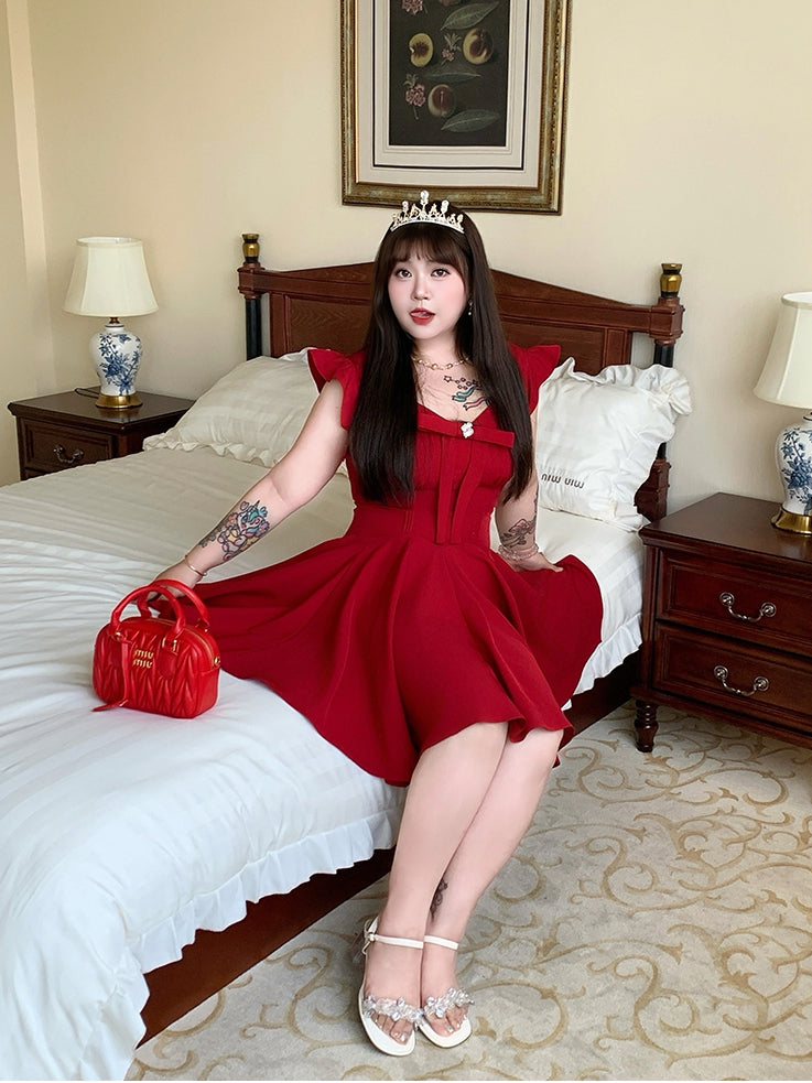 Plus Size V-neck Dress Flutter Sleeves Big Bow Front Red