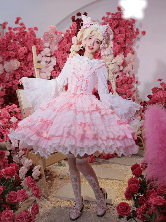 Skirt Sleeves Jumper Old School Lolita Cotton Flutter Pink Dress Lace-up Waist Lace Trim