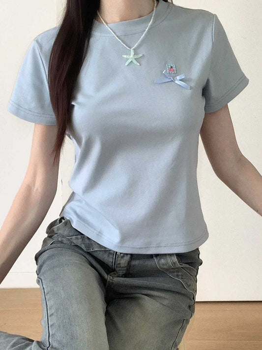 T-Shirt Round Neck Bowknot Detail Blue