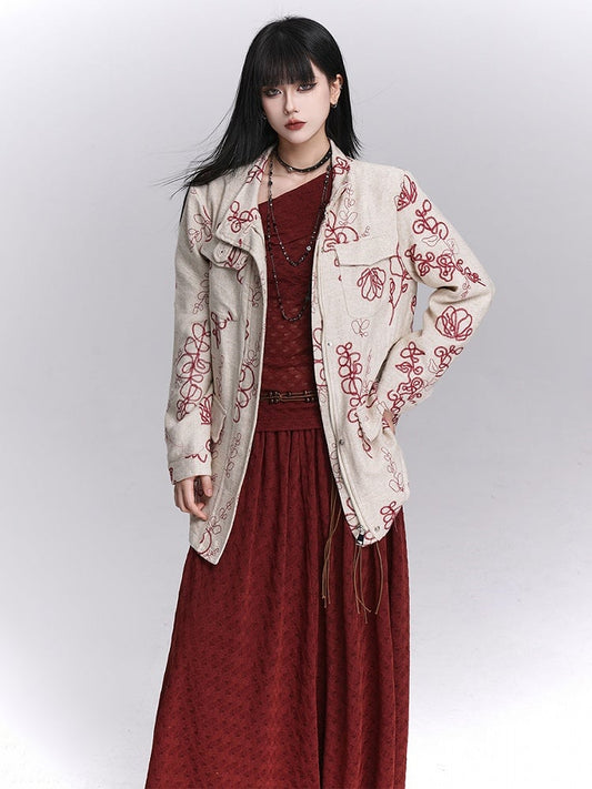 Rot Apricot Stickerei Trenchcoat Klappe Floral Leinen Taschen mit Vier