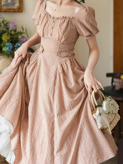 Fabric Puff Square Sleeves Orange Vintage Retro Striped Neckline Dress Fashion