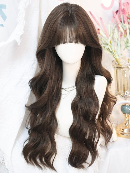 Wavy Waist 65-70CM Black Length Air Wig Tea With Bangs