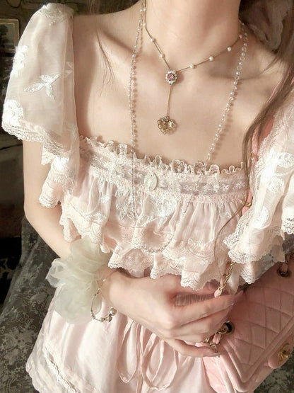 Flounce With Sakura Pink Chiffon Overlay Top Floral Embroidered Lace