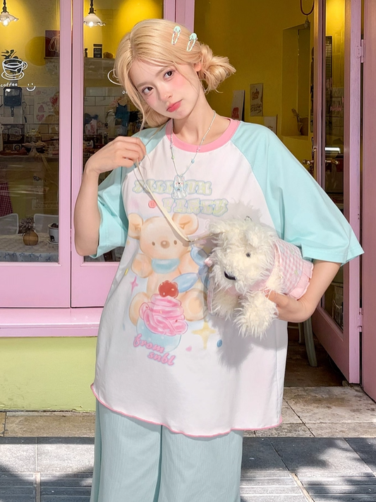 Mint Blue Colorblock Design Bear Print Loose Cute T-shirt