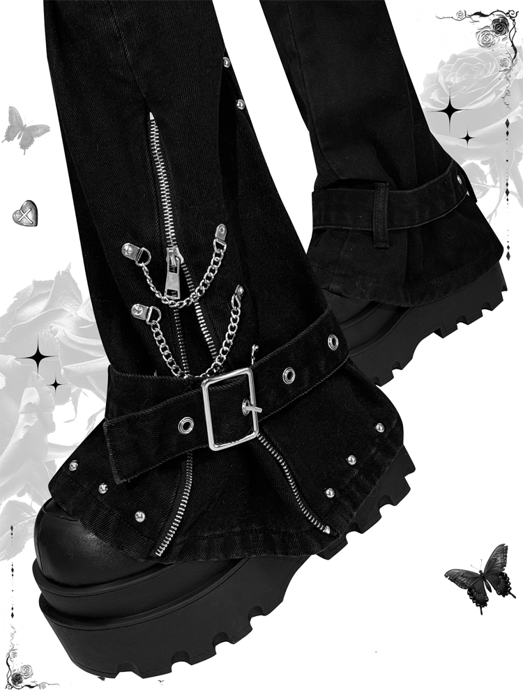 Black Punk 47.5cm Leg Warmers with Zipper and Buckle Straps at Cuffs Studded
