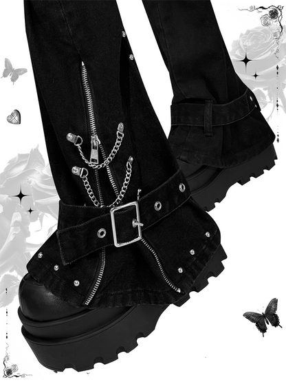 Black Punk 47.5cm Leg Warmers with Zipper and Buckle Straps at Cuffs Studded
