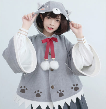 Grey Wolf Ears Paws Pattern Hooded Woolen Cape Tooth-shapedhem