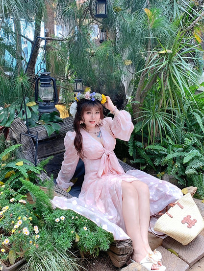 Dress Pink Peach Blossom Print Holiday Plus Size Self-tie Bowknot Front