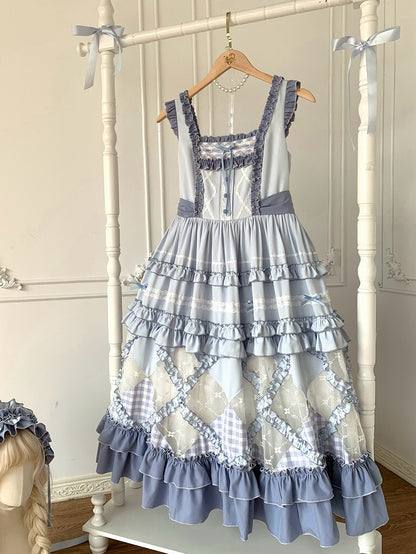 Blue Gingham Pattern and Floral Lace Patches Skirt Casual Lolita Dress