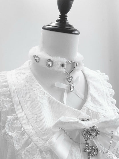 Rhinestone with Glimmering White Plush Bowknot Pendant Embellished Choker