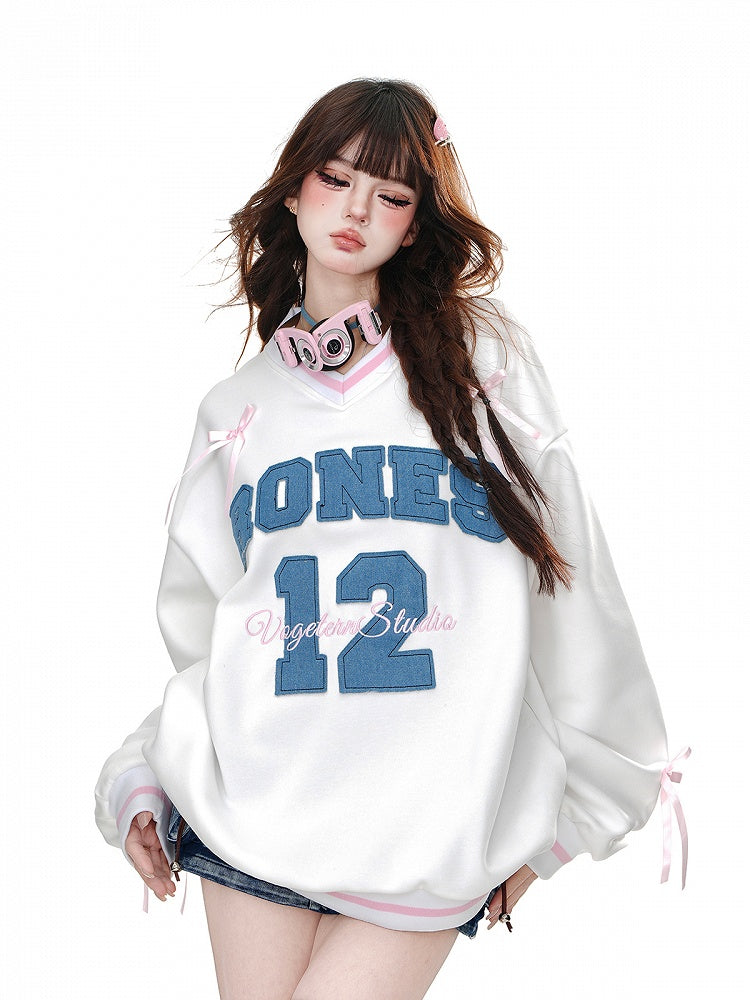 Black/White V-Neck Number Appliques Bowknots Loose Sweatshirt