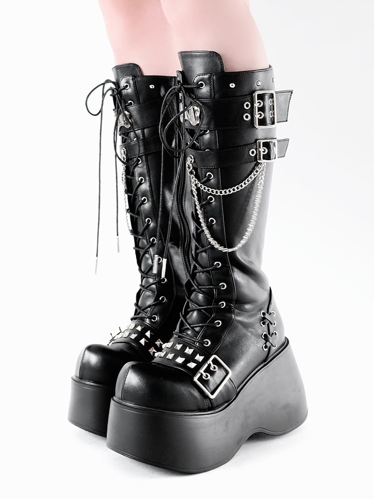 Bone-shaped Metal Plates Matte Black Punk Wedge Platform Knee-high Boots
