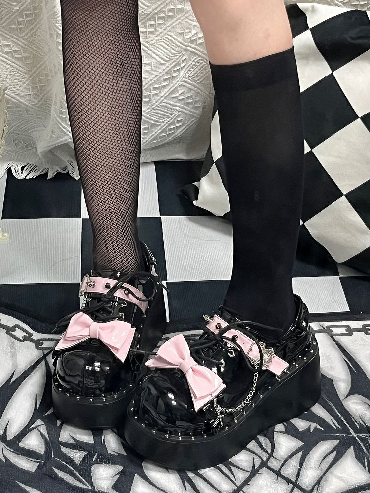 Y2K Polished Black&Pink Stud Bowknot Spider Punk Platform Shoes