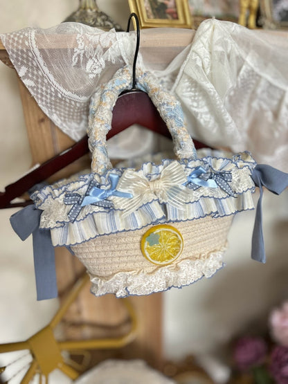 Blue Bowknots Lemon Straw Tote Bag