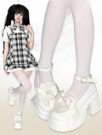 Heart Platform Beaded Jirai with - Vamp Bow Kei White Heels High Buckle Block Matching