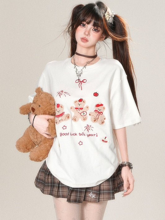 White/Black And Kawaii Daily Applique Bear Embroidery T-shirt Letter Firework