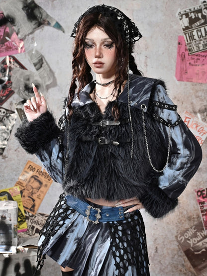 Grunge Punk Rock Blue Faux Fur Patchwork Jacket Chain Detail