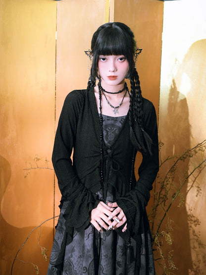 Sleeves Hem Style Asymmetrical Black Layered Cardigan Knitted Cheongsam Bell