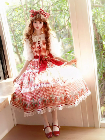 Robe vichy pique-nique Lolita rouge à imprimé fraises et jupe pull Sweet Lolita