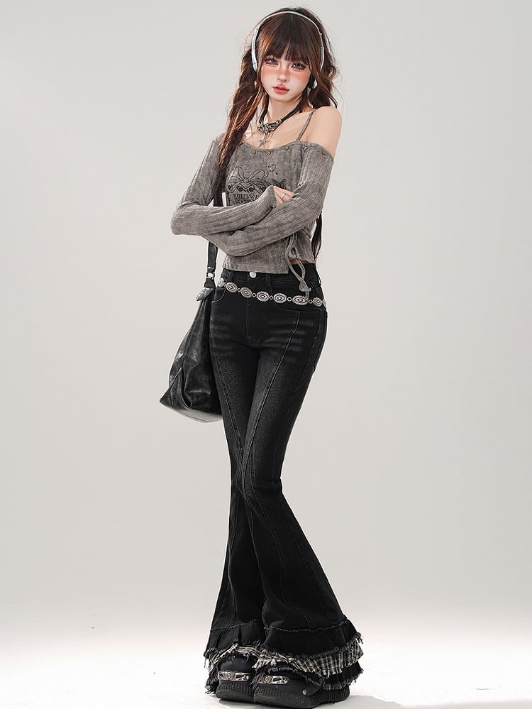 Black Plaid Patchwork Cuffs Fishtail Jeans