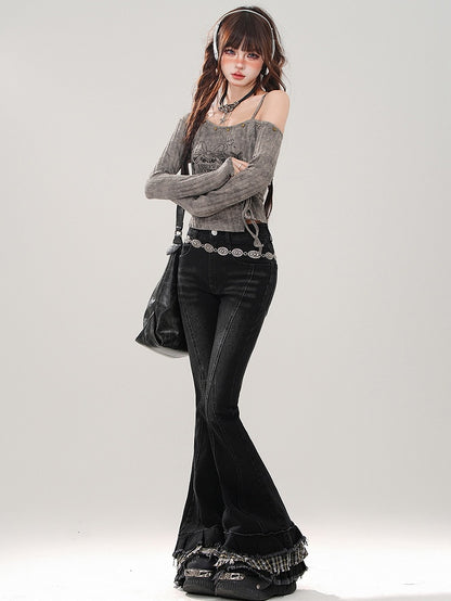 Fishtail Patchwork Plaid Black Cuffs Jeans
