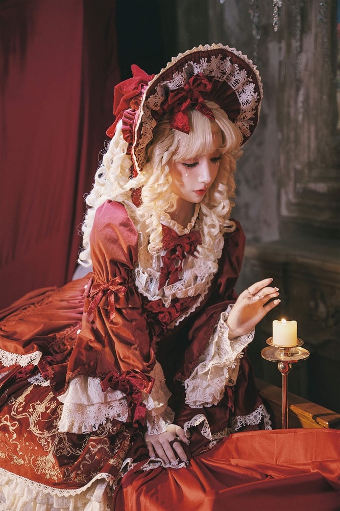 Red Candle Dress Candlestick Embroidery Velvet Bell and Sleeves