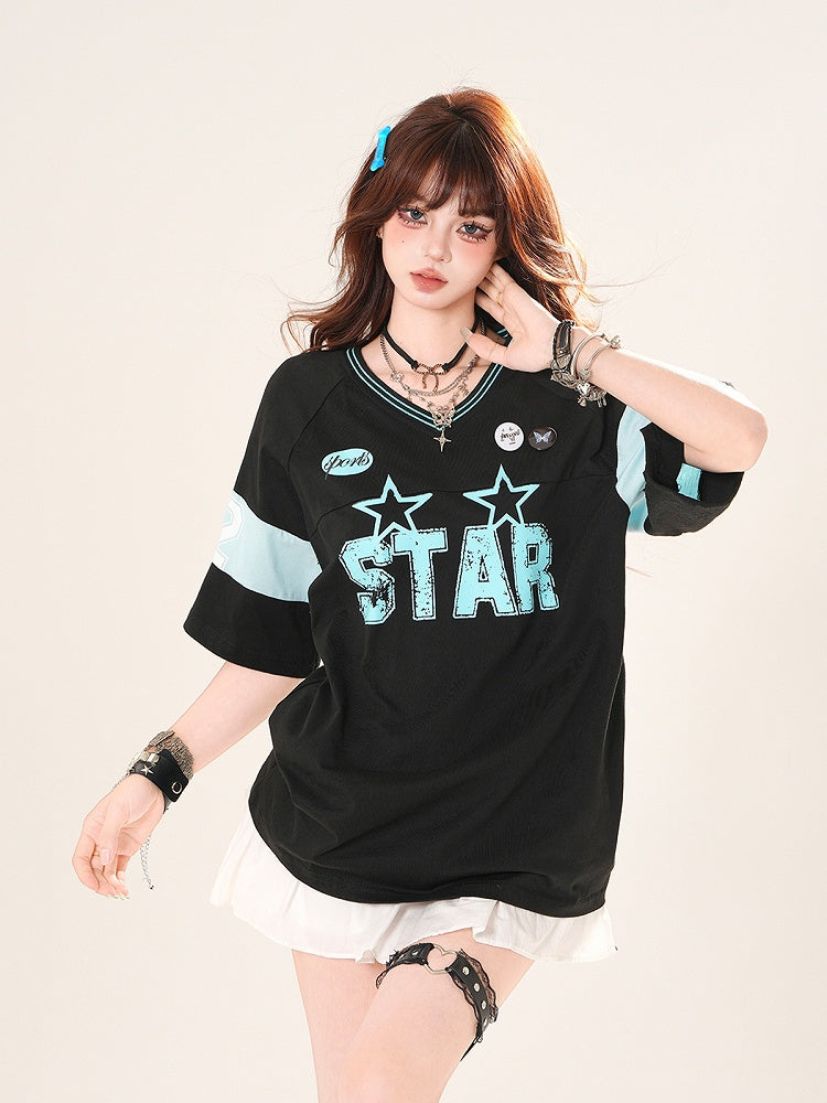 Black/White V-Neck Letter Print Blokette Core T-Shirt