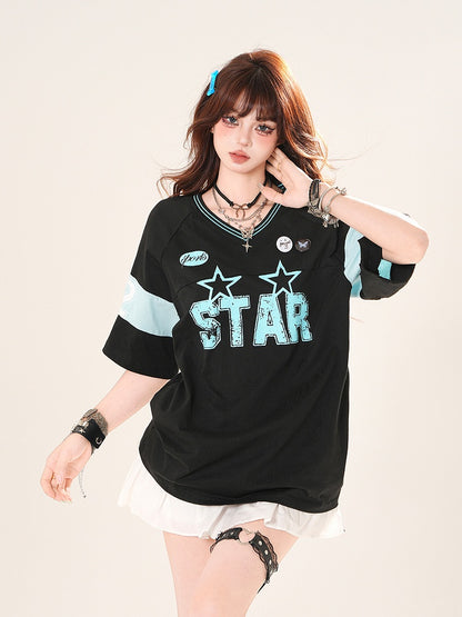 Black/White V-Neck Letter Print Blokette Core T-Shirt