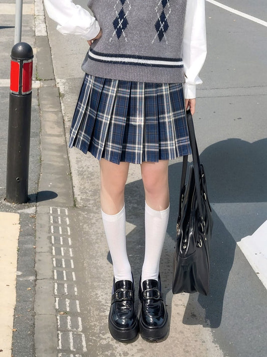 Style 42CM/45CM/48CM/56CM/65CM JK Uniform Pleated Skirt Navy Blue Plaid Preppy