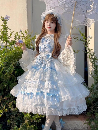 Bows and Skirt Decoration Dress Full Tiered Set Hanayome Blue White Lolita JSK Hime