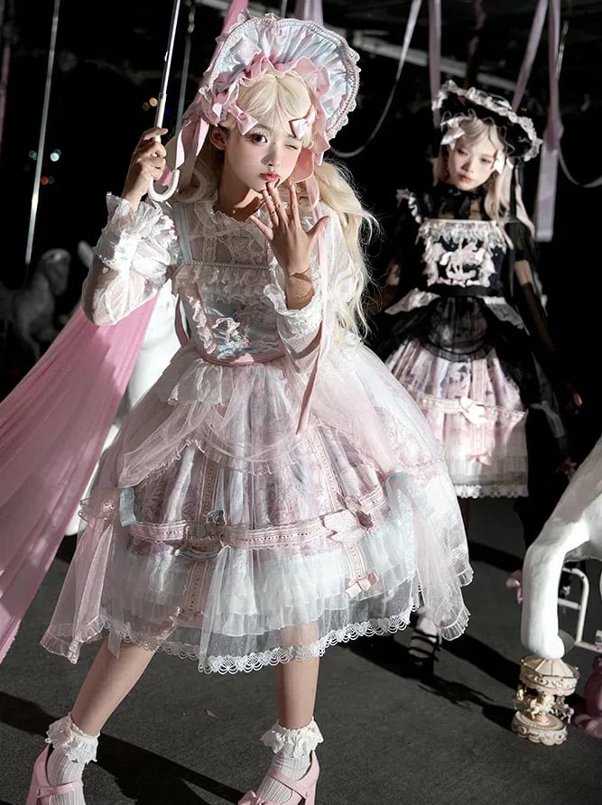 Bonnet Lolita noir et rose / rose et bleu