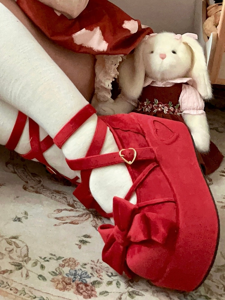 Bow - in Top Velvet Red Wine Platforms Sweet at Lolita