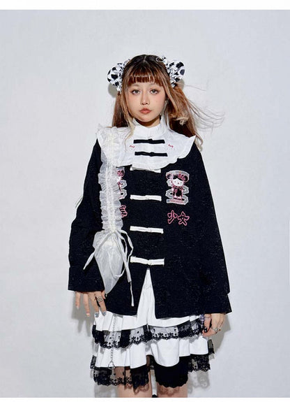 Black/Blue Long Sleeves Kitty Banded Collar Jirai Kei Top