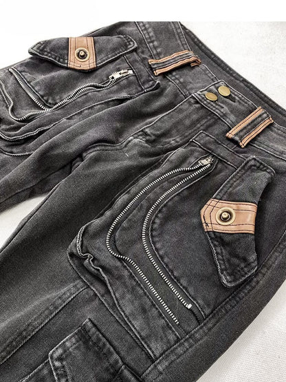 Black Wasteland Punk Distressed Flared Jeans with Cargo Pockets