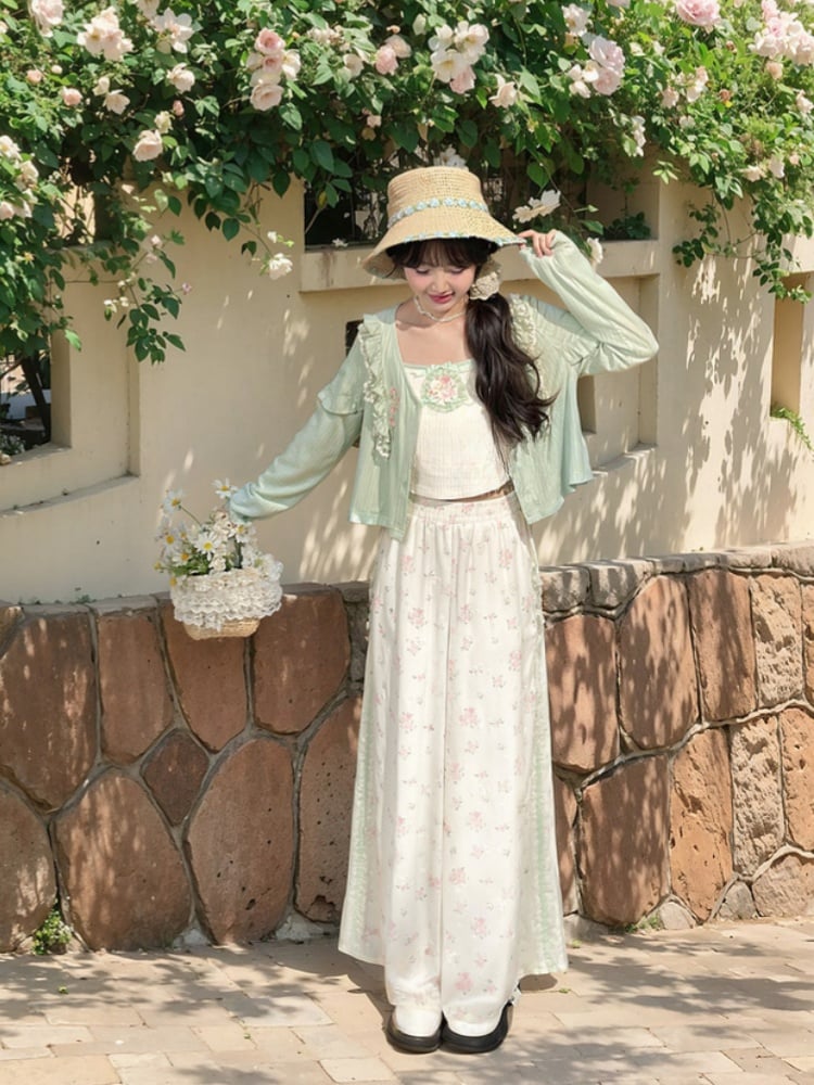 Short/Regular Lace Trim Wide-Leg Pants Floral White Elastic Waist Ruffled Version