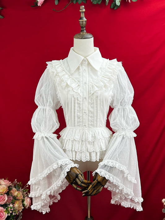 White Bell Sleeves Tiered Scalloped Eyelet Trim Hemline Blouse with Lace Jabot Tie
