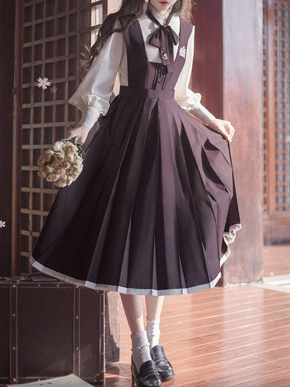 Purple Embroidery Floral Dusty in with High Waist Box Pleat Overall Dress