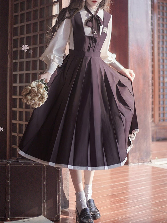 Purple Embroidery Floral Dusty in with High Waist Box Pleat Overall Dress
