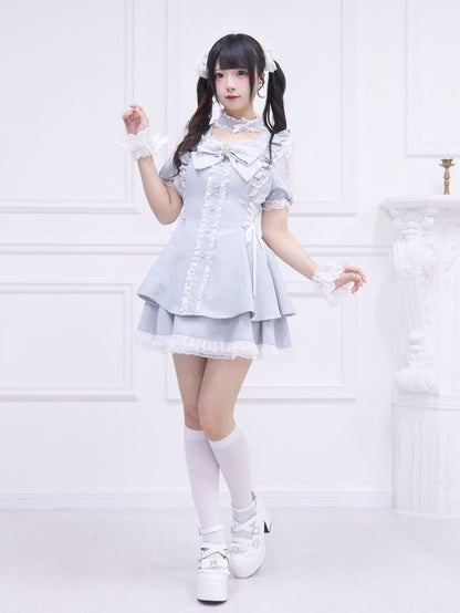 Dress Skirt Lace-up Side with Mini Light Kei Style Jirai Shoulder Matching Cutout and Gray Detail Set:
