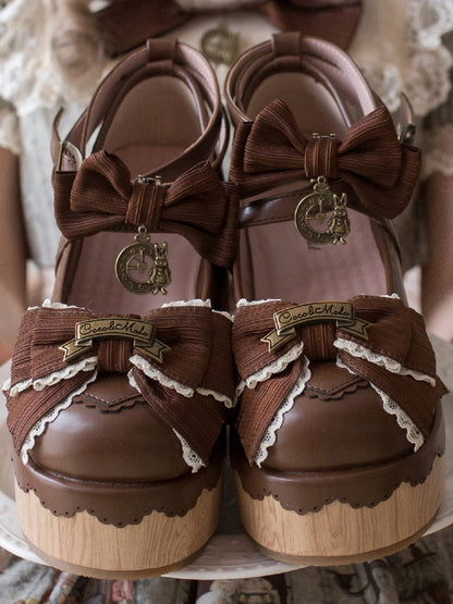 Rund Dunkel - Charm Akzente Schleife Uhr Süße Plattformen Lolita Zehe Braun
