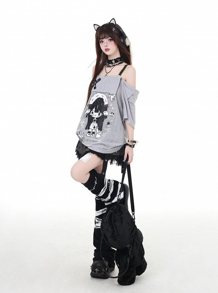 Neckline Girl Print T-Shirt Cartoon Gray/White Off-the-shoulder Criss-cross Design