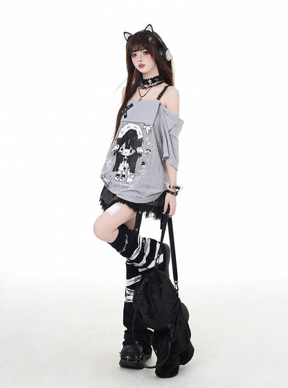 Neckline Girl Print T-Shirt Cartoon Gray/White Off-the-shoulder Criss-cross Design
