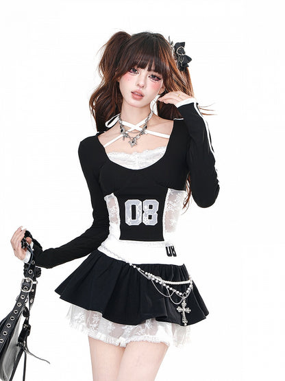 Thigh-Length Black Lace Tiered Skirt Puffy
