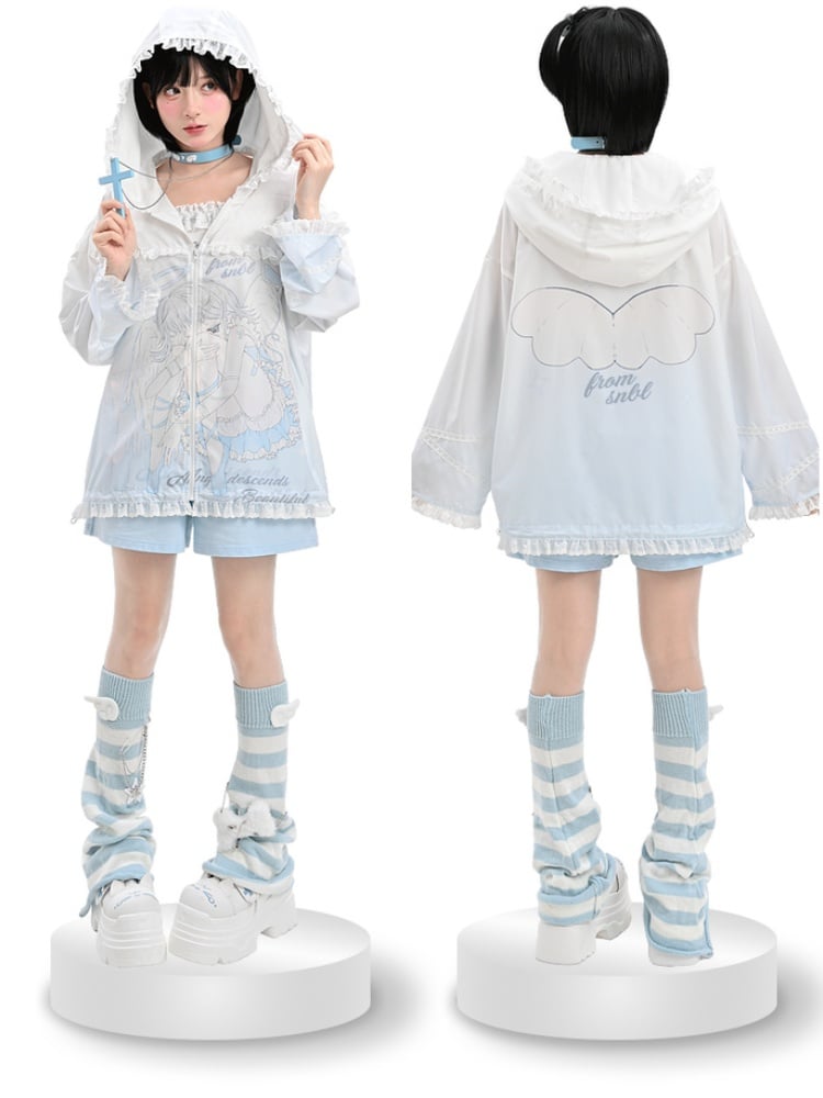 Sonnenschutz mit Kapuze, blau-weiß, Anime-Mädchen-Print, gekräuselter Saum, Jacke, Spitze