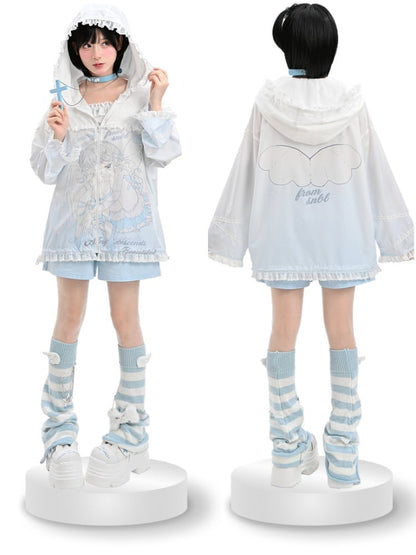 Sonnenschutz mit Kapuze, blau-weiß, Anime-Mädchen-Print, gekräuselter Saum, Jacke, Spitze