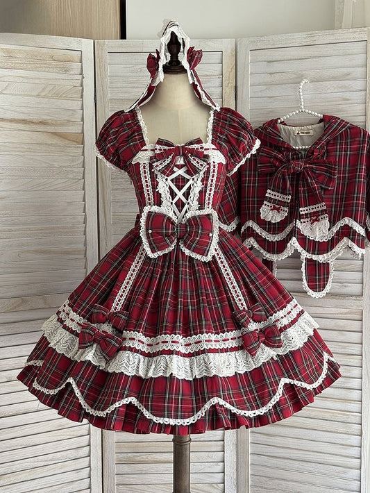 mit Lolita-Scalloped und Puff Trim Schleife Akzente süße Plaid Rand Ärmel rot