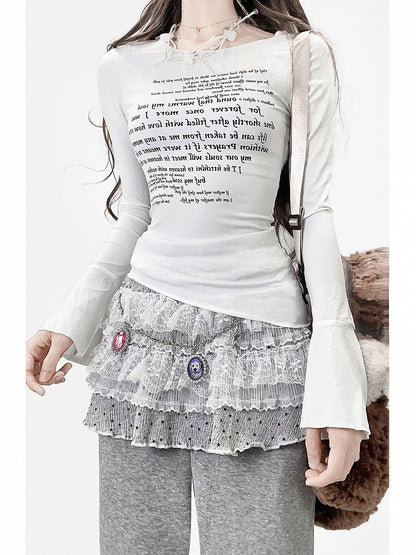 White Print Bell Asymmetrical Letter Bittersweet Sleeves Hem Top