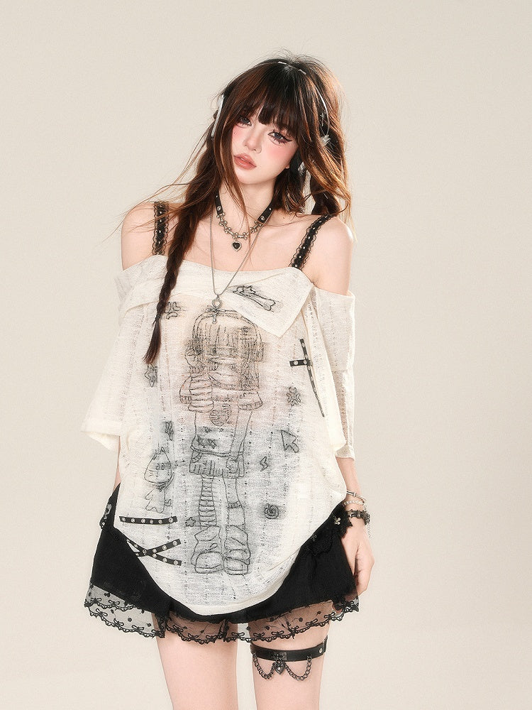 Neckline Anime Girl Print Semi-sheer Lace T-Shirt White Off-the-shoulder