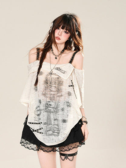 Neckline Anime Girl Print Semi-sheer Lace T-Shirt White Off-the-shoulder